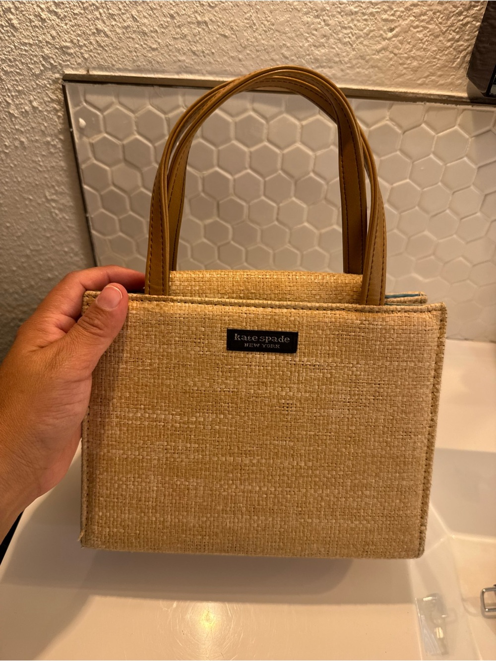 Kate Spade Natural Raffia Tote with Tan Leather Handles Colorful Interior - Picture 4 of 10